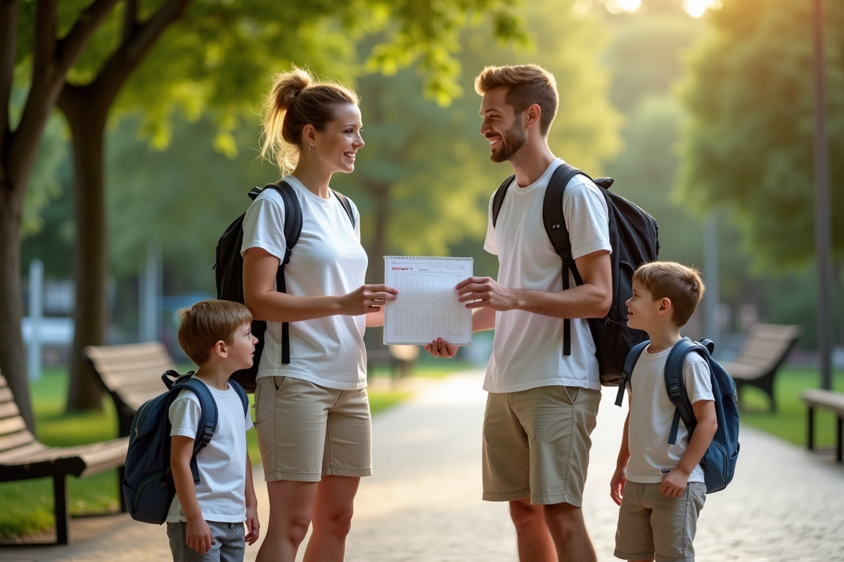 Parents séparés avec enfants échangeant calendrier dans parc