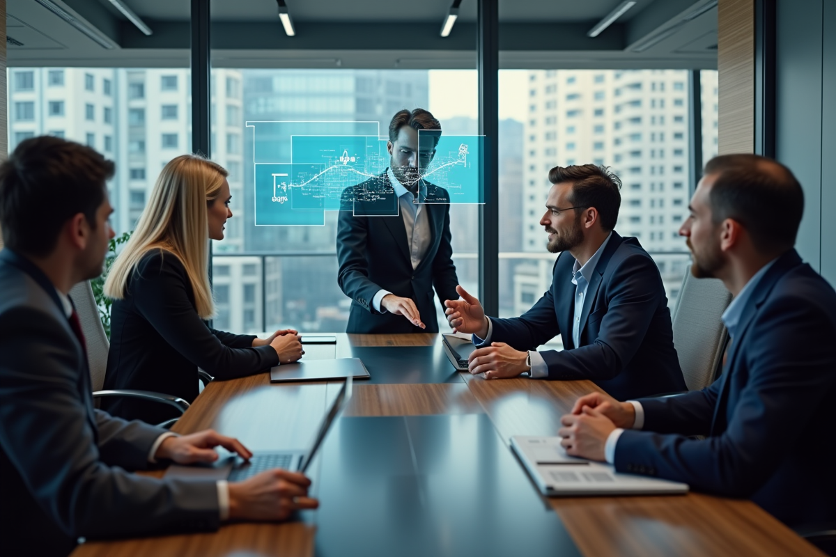 Groupe de professionnels en réunion autour d'une table avec tablettes