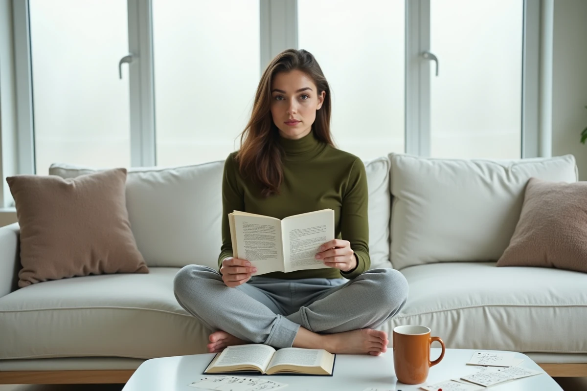 Jeune femme révisant les nuances stylistiques du vocabulaire français avec un guide de style dans un salon moderne