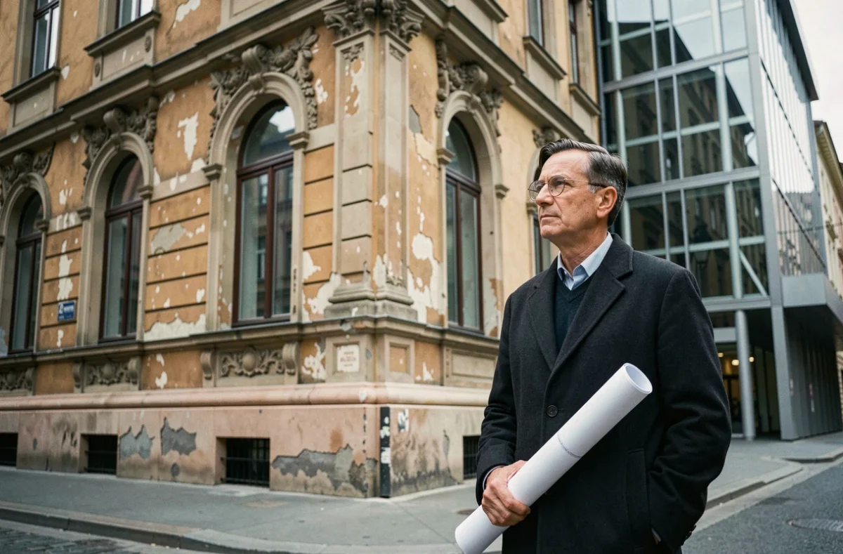 Homme en manteau de laine devant une façade historique de Budapest symbolisant le parcours architectural de Marcel Breuer de l'Europe vers la modernité