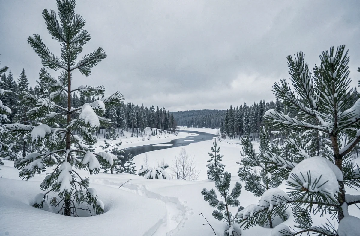 Immense forêt de taïga sibérienne enneigée avec une rivière gelée traversant un paysage russe à perte de vue