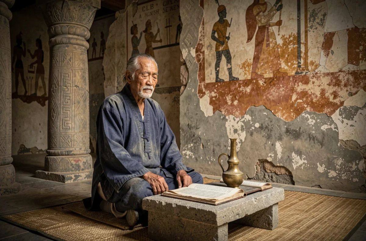 Vieux sage aux yeux fermés en contemplation spirituelle devant des manuscrits anciens dans un temple de pierre, traditions mystiques antiques