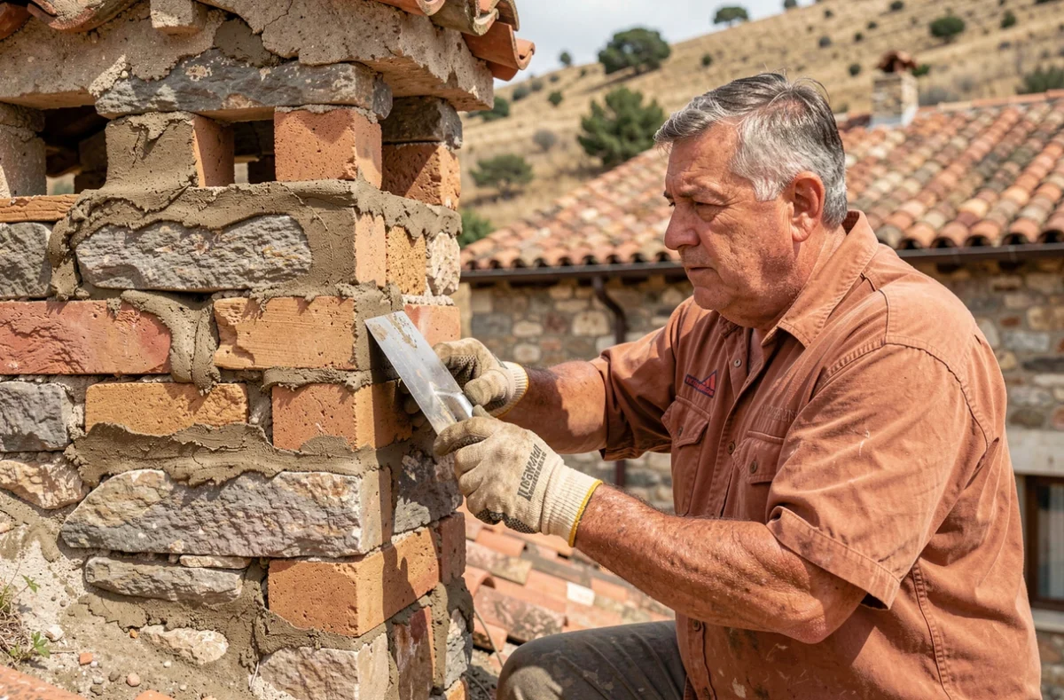 Couvreur de SARL Frontera rejointoyant une cheminée en pierre sur un toit de village catalan