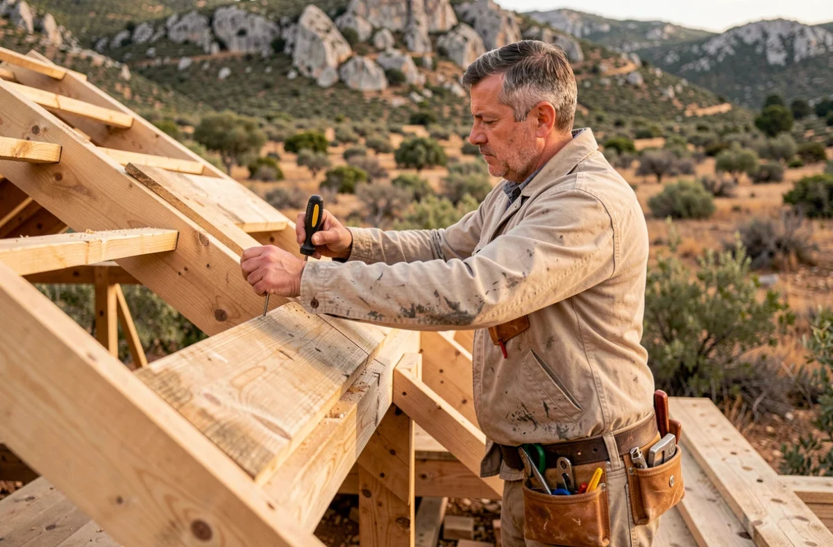 Couvreur de SARL JLP Toiture clouant des liteaux en bois sur une charpente en pays catalan