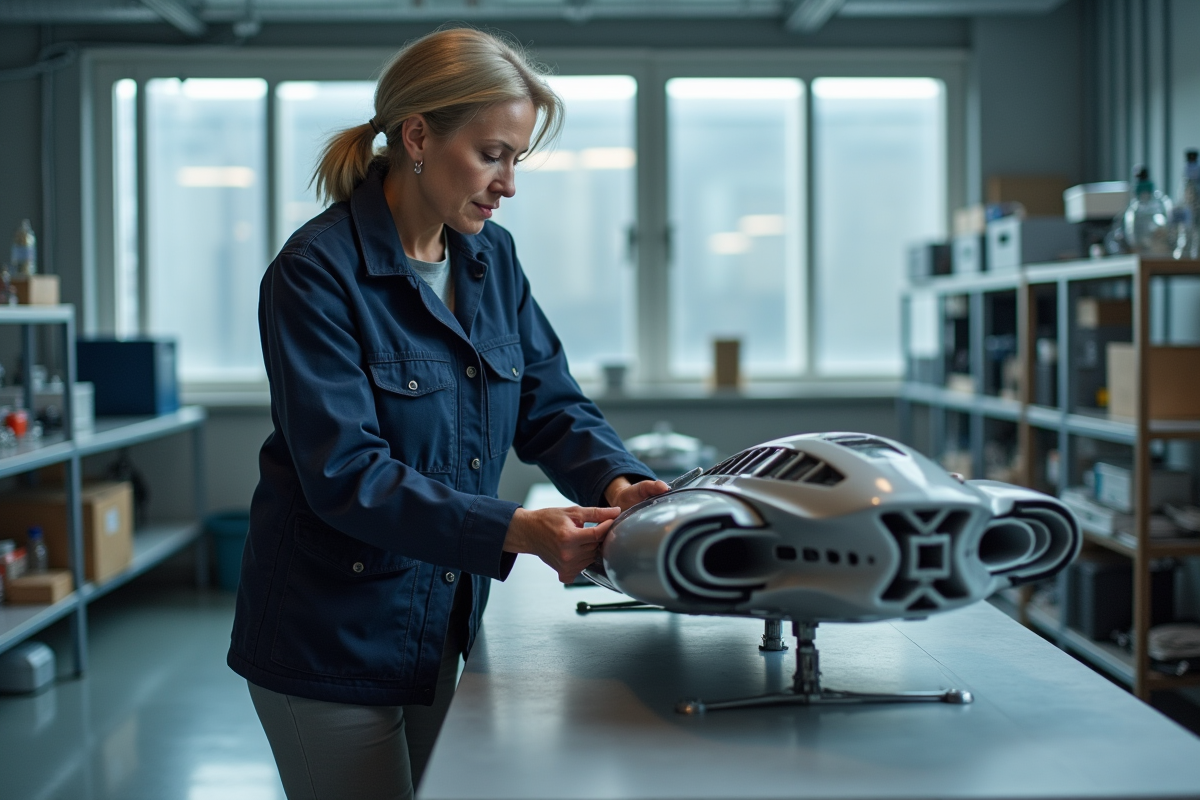 Scientifique femme examine un modele spatial dans un laboratoire