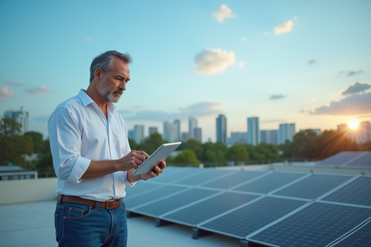 Scientifique homme sur toit avec panneaux solaires analyse des données