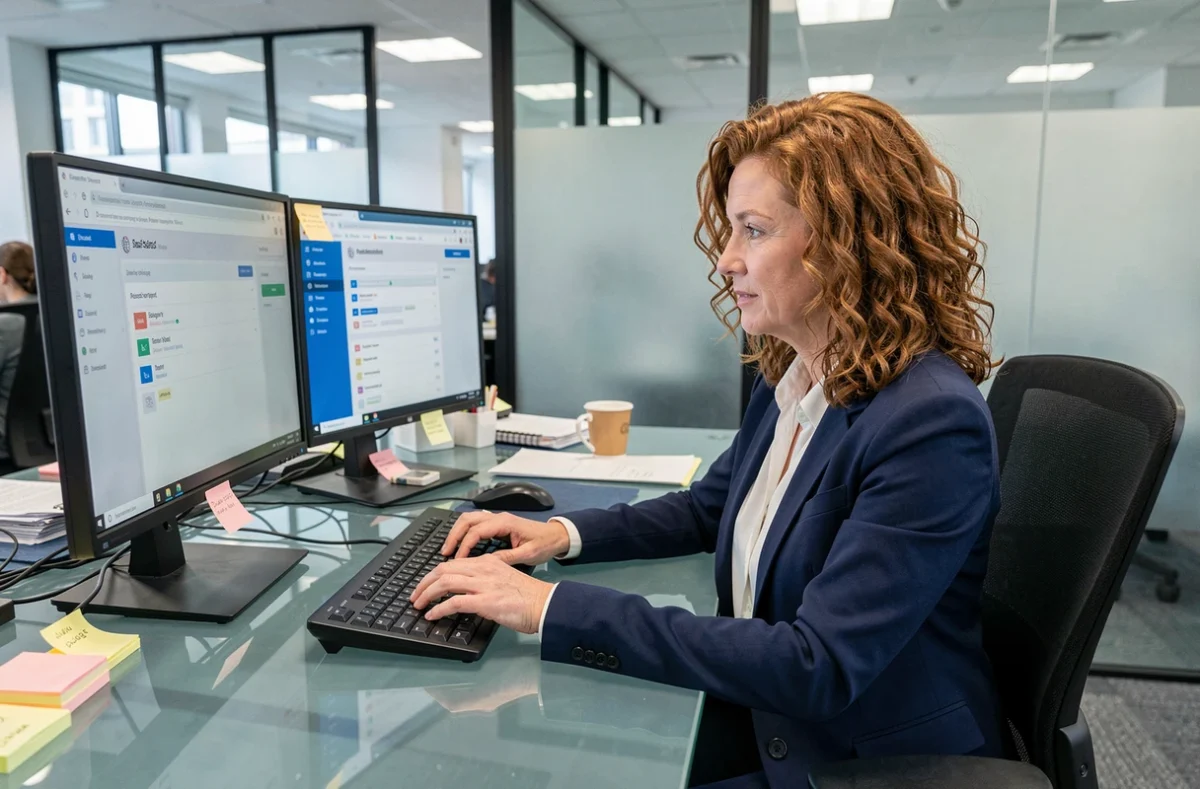 Femme utilisant un gestionnaire de mots de passe sur un poste de travail en entreprise