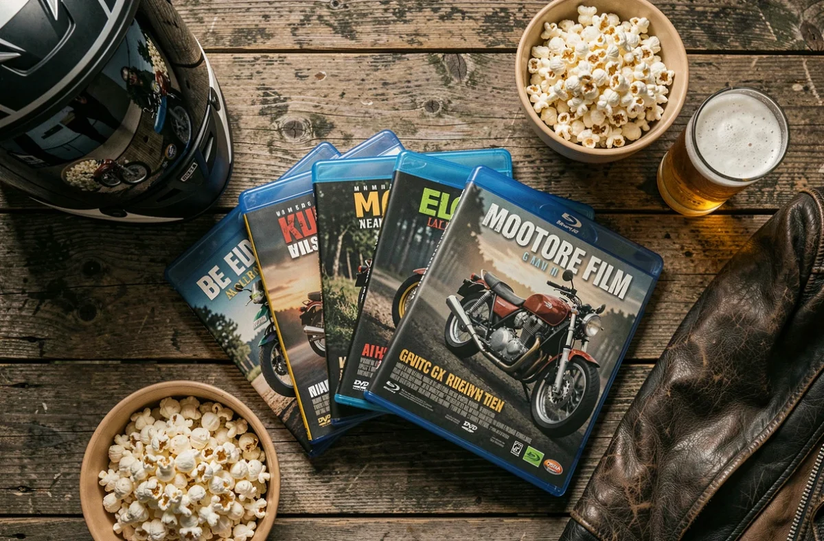 Sélection de films de moto en DVD avec casque, veste en cuir et popcorn sur une table en bois