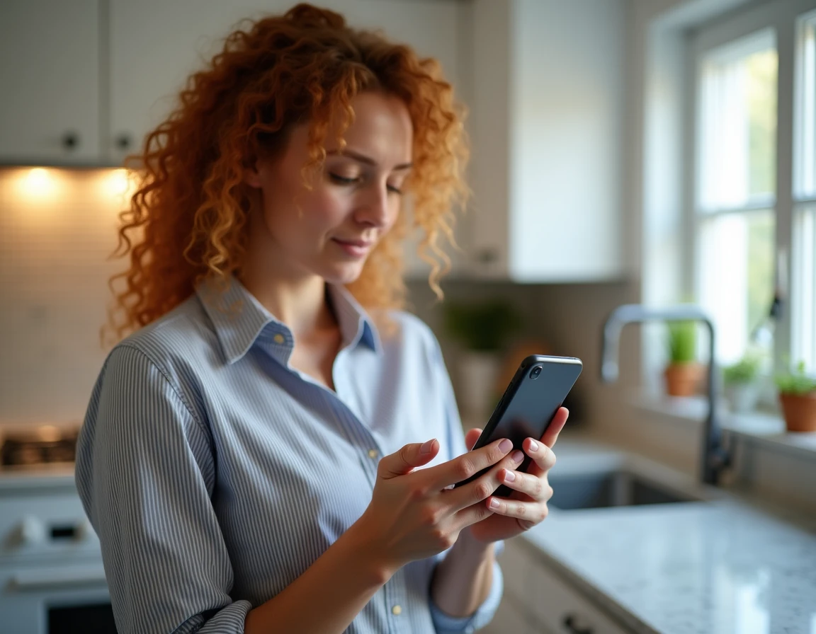 Personne vérifiant l'envoi d'un SMS anonyme gratuit sur smartphone dans une cuisine moderne