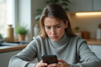 Femme regardant son smartphone Android avec un message SMS bloqué après changement de numéro SIM
