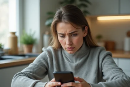 Femme regardant son smartphone Android avec un message SMS bloqué après changement de numéro SIM