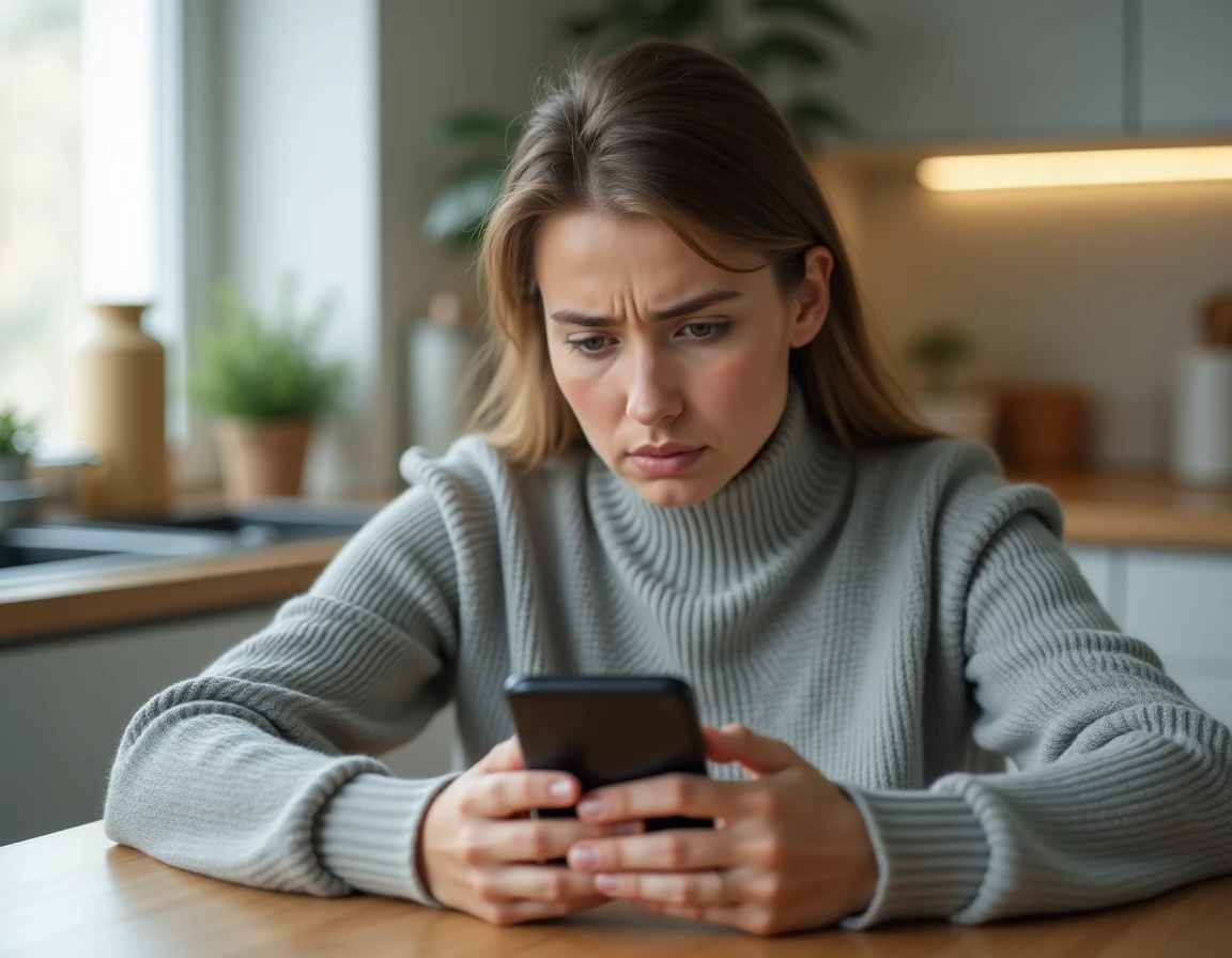 Femme regardant son smartphone Android avec un message SMS bloqué après changement de numéro SIM