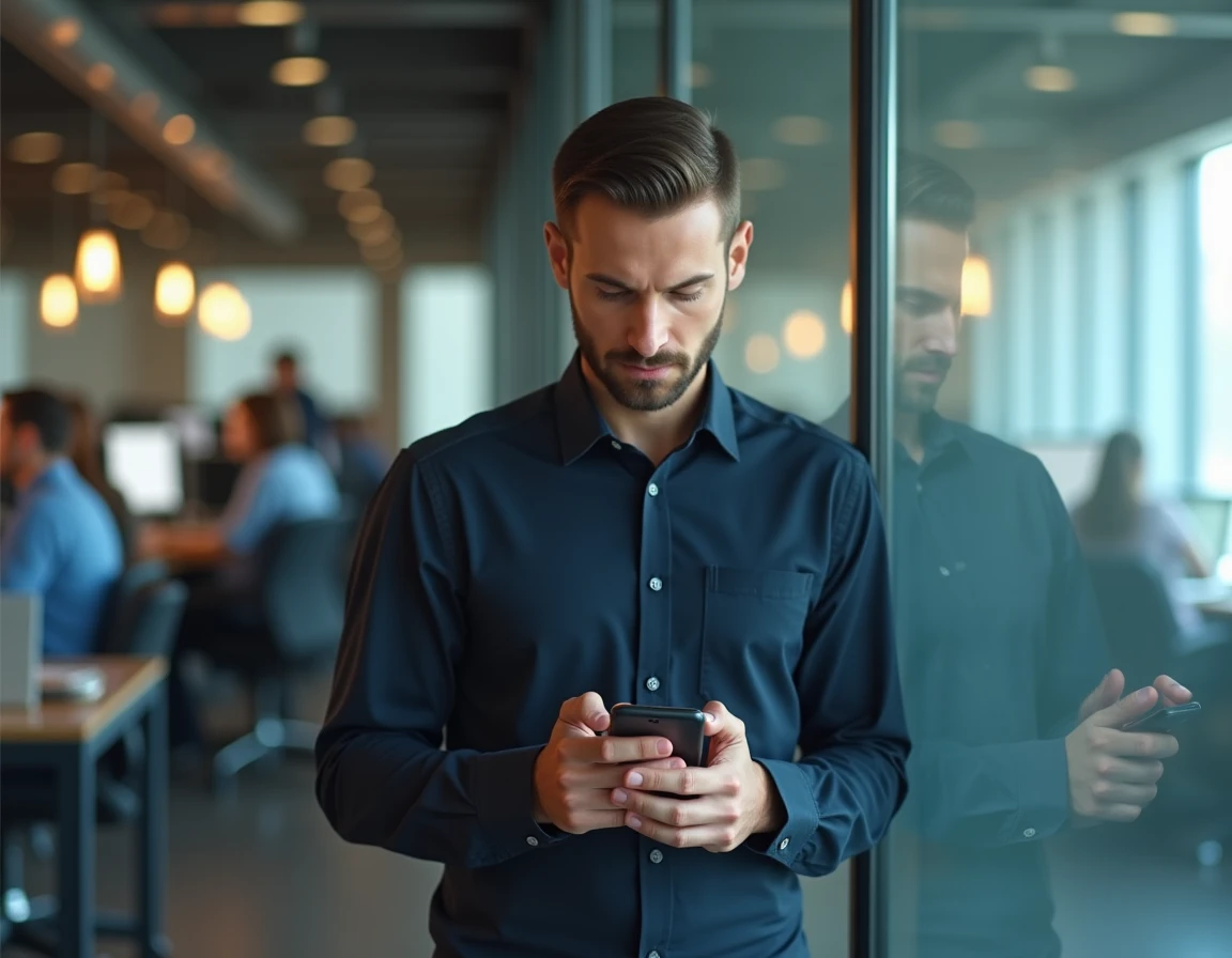 Homme consultant les paramètres SMS et carte SIM sur son téléphone Android dans un bureau moderne