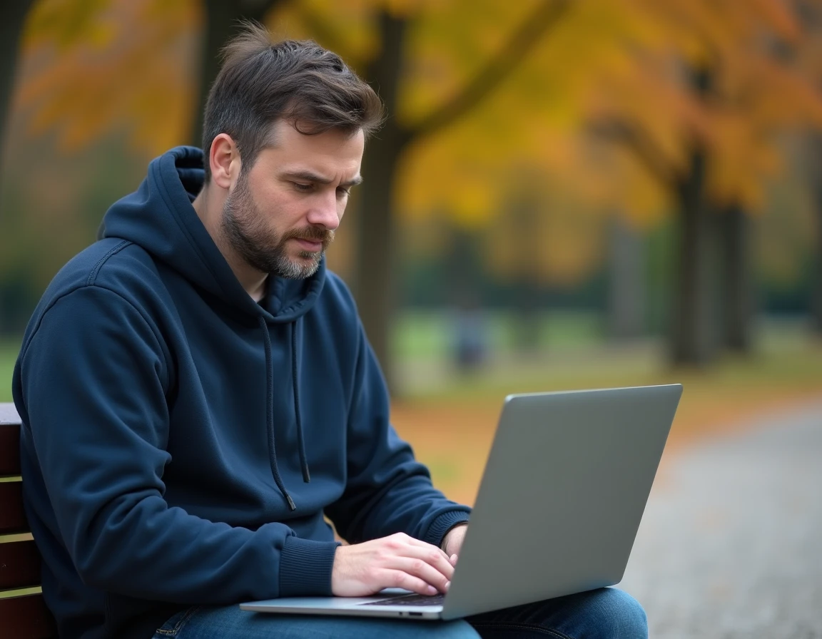 Homme utilisant un service d'envoi de SMS gratuit et anonyme sur ordinateur portable en plein air