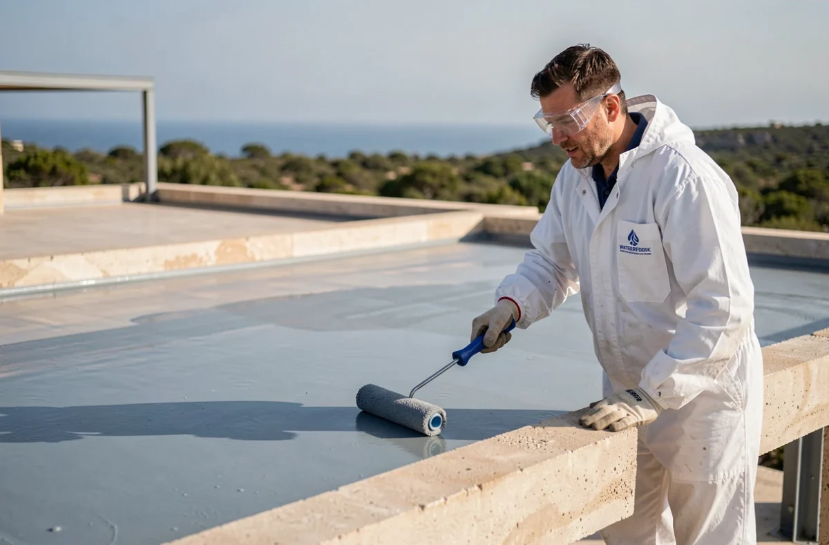 Technicien en étanchéité de la Société d'Étanchéité Méditerranéenne appliquant une membrane liquide sur une toiture-terrasse