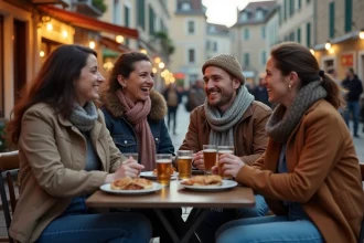Groupe d'amis en soirée autour d'une table de café en plein air sur une place animée de Cholet