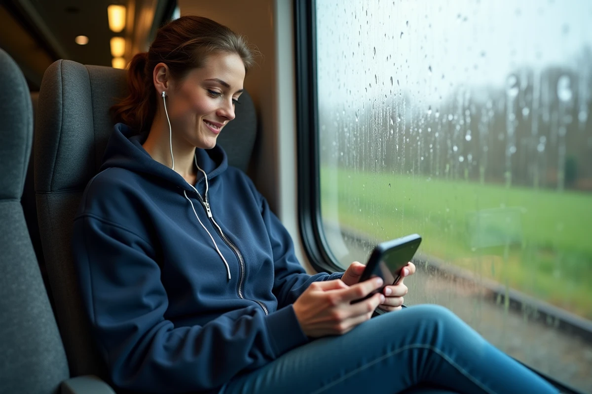 Femme jouant sur une console Sony PS Vita dans un train en voyage, console portable compacte pour les déplacements