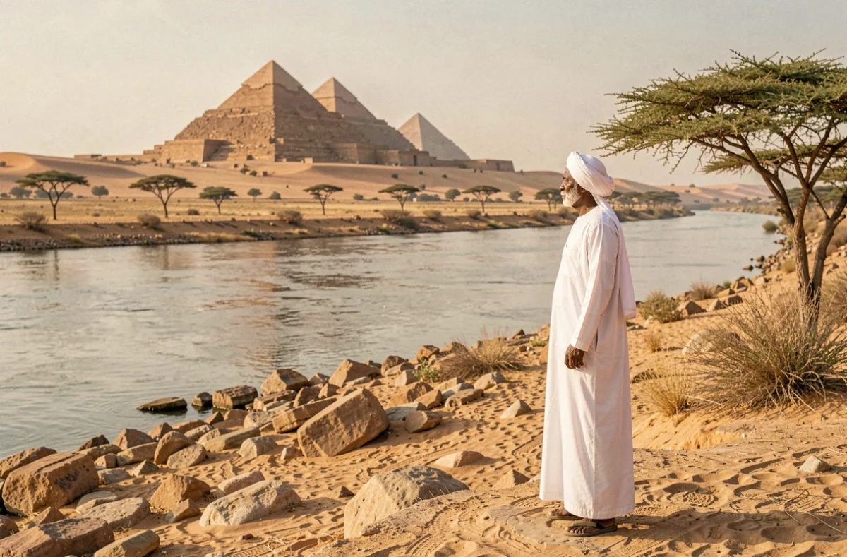 Homme soudanais en jalabiya blanche contemplant les pyramides nubiennes de Méroé depuis les rives du Nil, évoquant le Soudan dont la superficie fut réduite en 2011