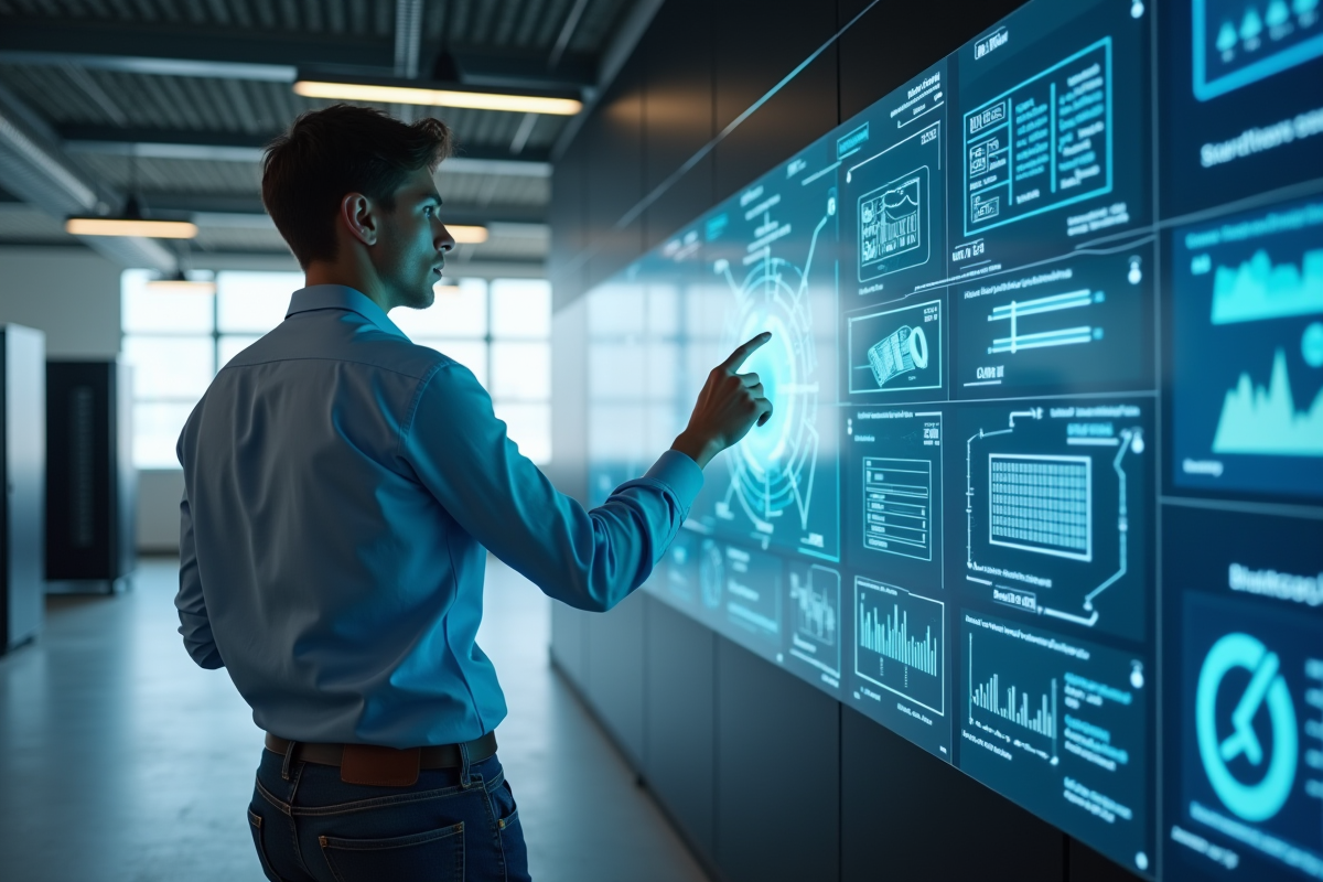 Jeune homme en tech interagissant avec un mur digital blockchain