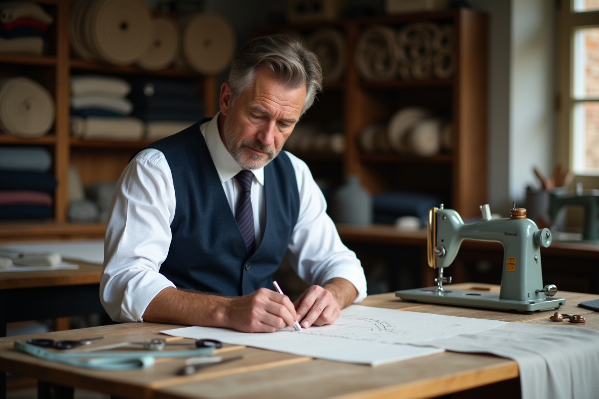 Tailleur homme en atelier avec outils et tissus