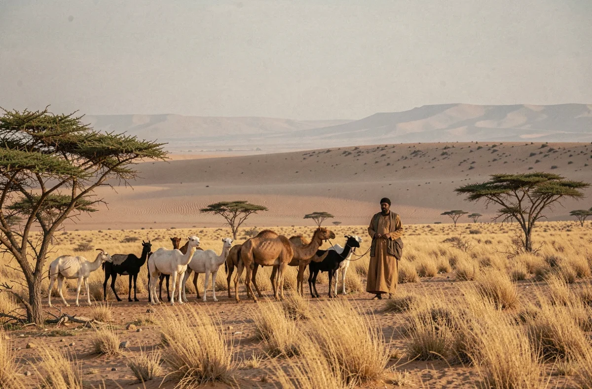 Éleveur tchadien en robes terre avec un troupeau de chèvres et de chameaux à la frontière entre le Sahara et le Sahel, illustrant le Tchad au carrefour des deux zones