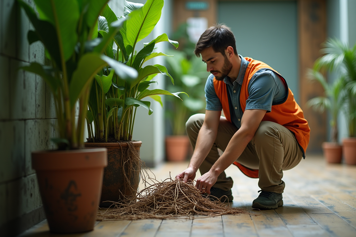 Jeune homme inspectant racines de plantes en intérieur