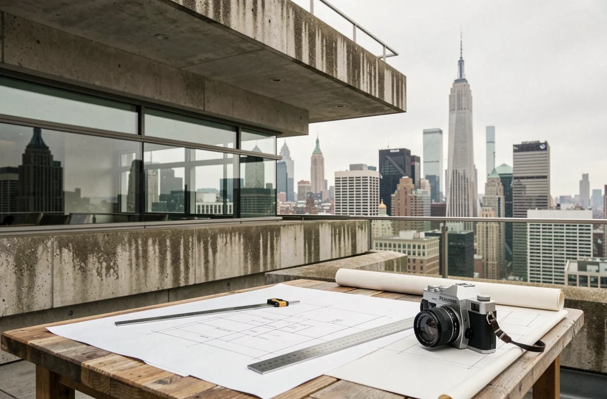 Terrasse moderniste à New York avec plans d'architecte et skyline de Manhattan illustrant l'influence de Marcel Breuer sur l'architecture américaine