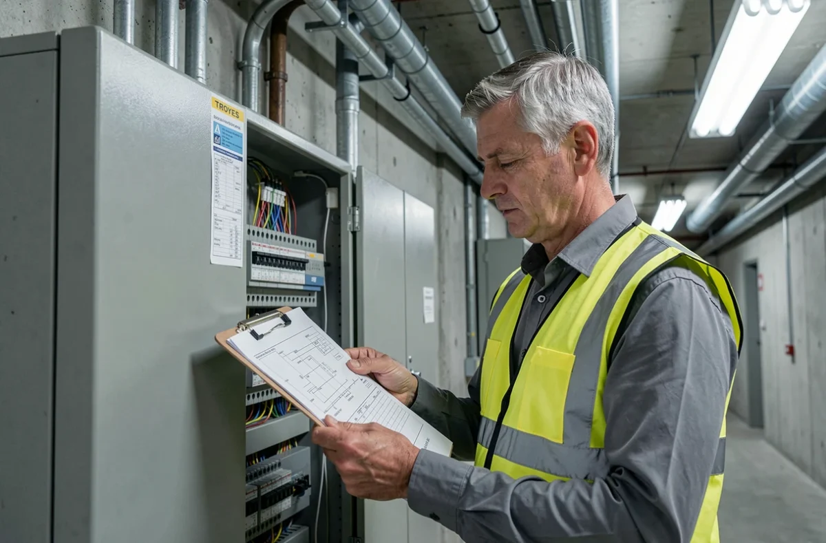 Électricien Toggenburger examinant un schéma électrique devant un tableau de distribution commerciale à Troyes