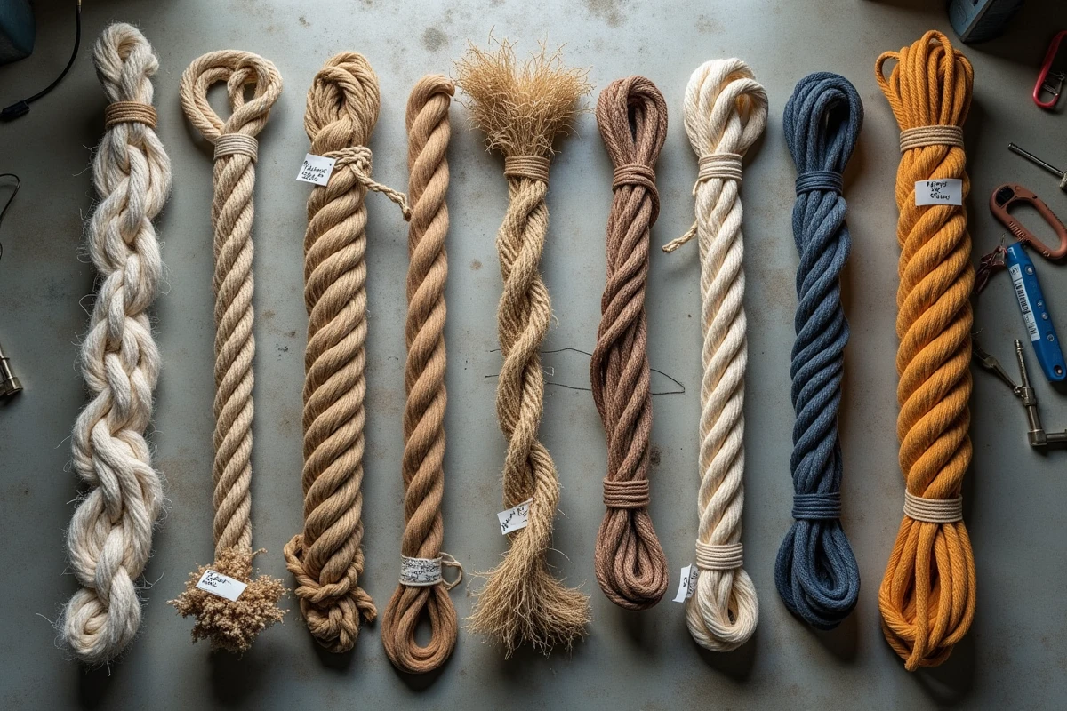 Vue de dessus de six types de cordages différents disposés sur béton avec étiquettes manuscrites pour comparaison