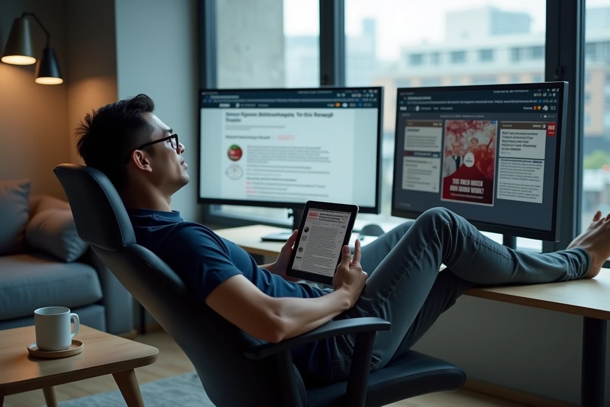 Homme frustré par les redirections de sites de lecture de manga alternatifs sur tablette et ordinateur