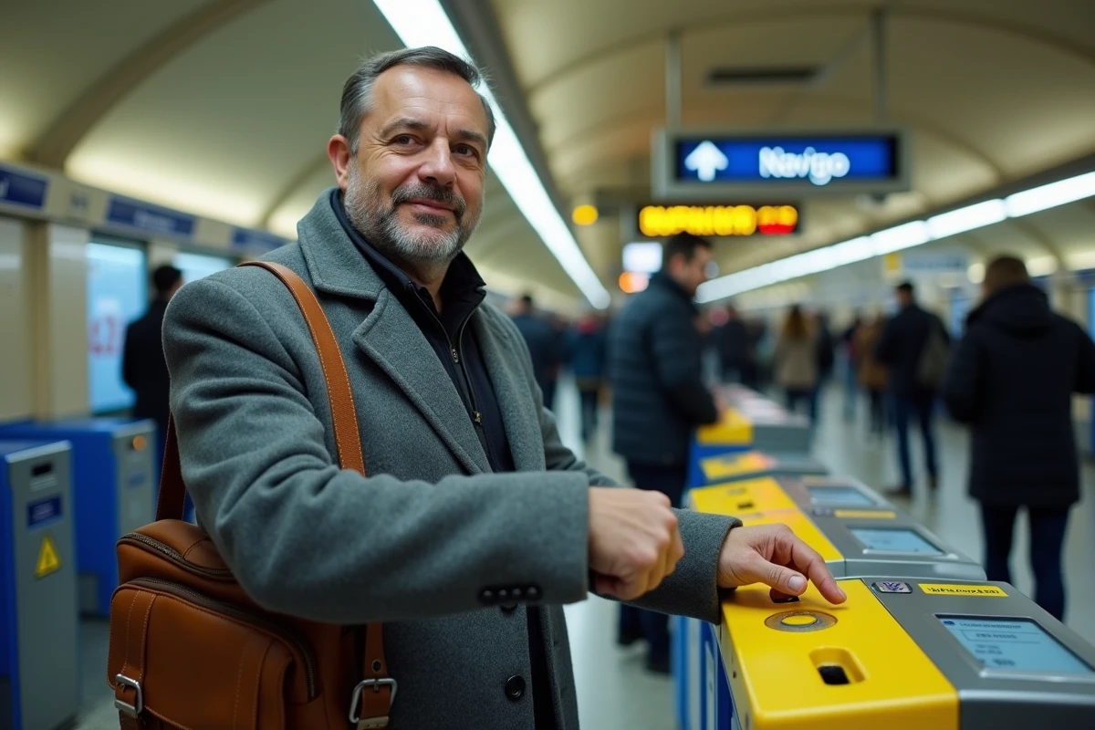 Homme validant son pass Navigo à un portique de la gare RER avec affichage des zones tarifaires visible