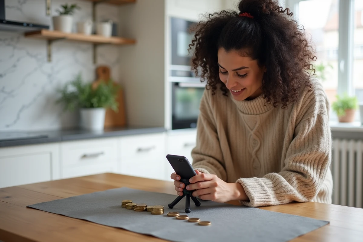Femme photographiant des pièces de 2 euros rares sur un tapis en feutre pour les vendre en ligne