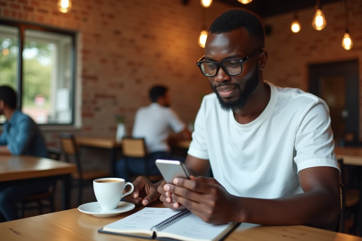 Jeune homme utilisant un outil de vérification de code postal de Maurice sur smartphone dans un café avec un carnet d'adresses manuscrit