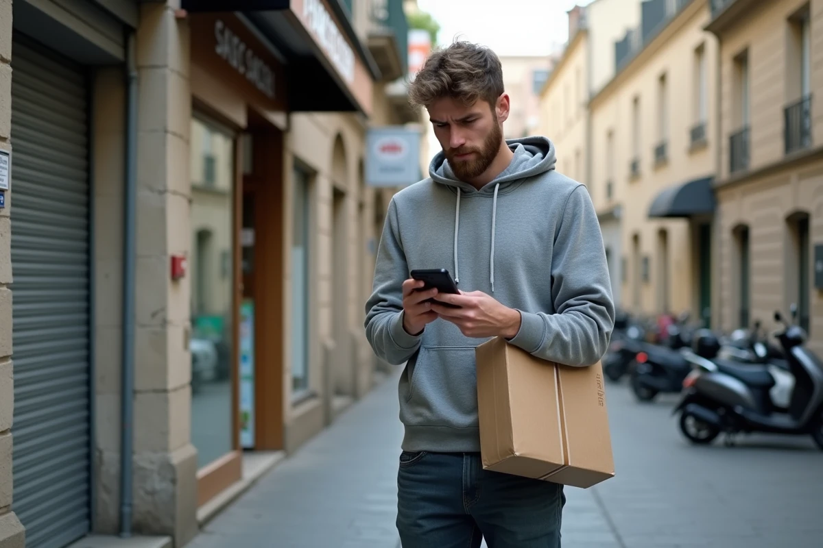 Homme vérifiant son numéro de colis devant un point relais Mondial Relay en ville