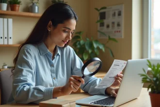Femme vérifiant un code postal de livraison sur une étiquette d'expédition avec une loupe, colis kraft et ordinateur portable ouverts sur un bureau en bois