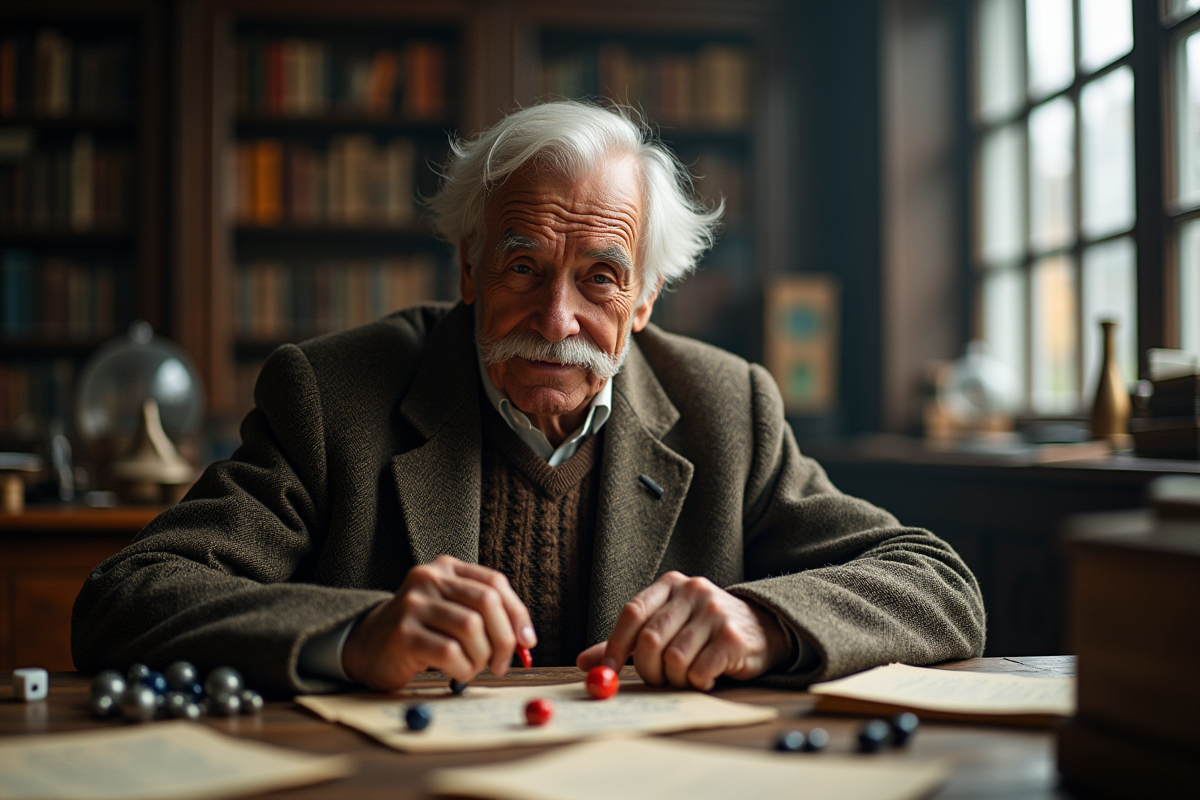 Homme âgé avec dés et pièces d’échecs dans un bureau ancien