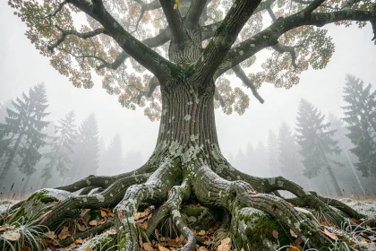 Immense frêne centenaire aux racines imposantes dans une forêt nordique brumeuse, évoquant l'arbre cosmique Yggdrasil de la mythologie viking