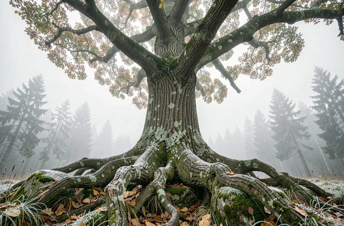 Immense frêne centenaire aux racines imposantes dans une forêt nordique brumeuse, évoquant l'arbre cosmique Yggdrasil de la mythologie viking